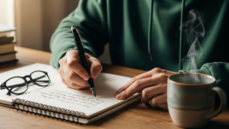 Woman writing in notebook with cup of coffee on table at home.の素材