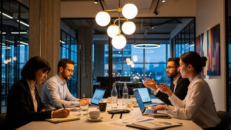 Group of business people discussing business plan  in the office at nightの素材