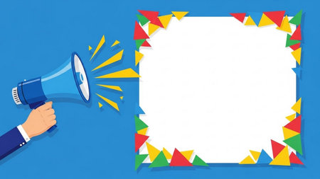 Hand holding megaphone with speech bubble on blue background. Vector illustration.の素材