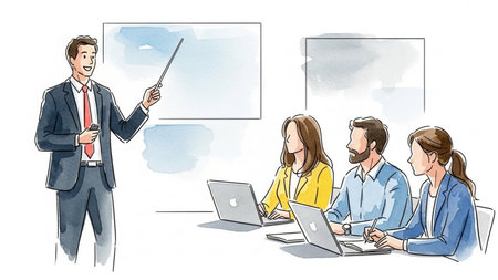 Illustration of a man giving a presentation to a group of business peopleの素材