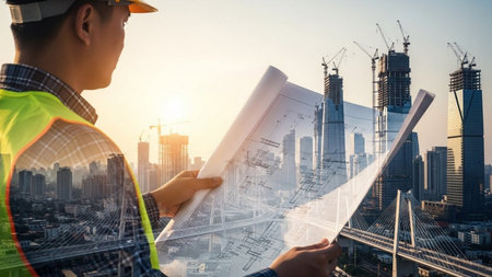 Double exposure of Engineer or architect working with blueprints at construction siteの素材