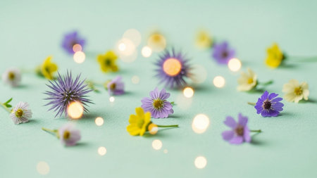 Beautiful spring flowers on pastel background with bokeh.の素材