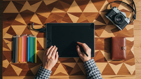 Top view of female designer working on digital tablet while sitting at wooden tableの素材