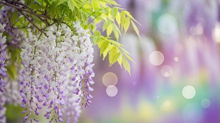 Wisteria flowers blooming in spring with bokeh backgroundの素材