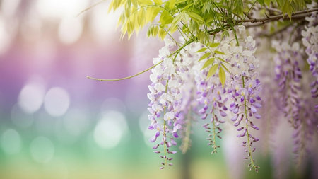 Wisteria flowers blooming in the garden with bokeh backgroundの素材