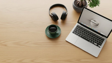 Top view of modern workplace with laptop, headphones and coffee cup on wooden tableの素材