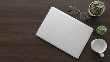 Laptop with glasses and cactus on wooden table. 3D rendering.の素材