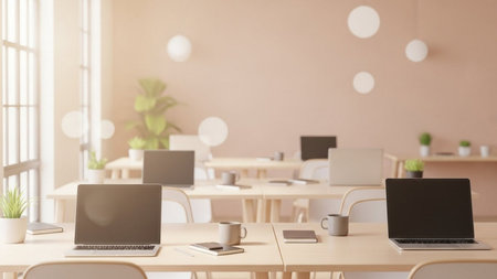 Laptop and coffee cup in modern office. Workplace concept. 3D Renderingの素材