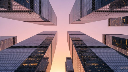 Low angle view of skyscrapers in downtown Los Angeles, California.の素材