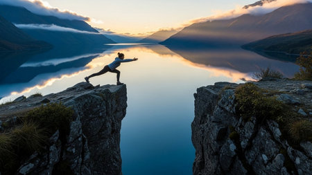Woman practicing yoga on the edge of a cliff above the fjord.の素材