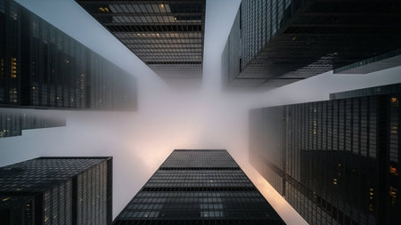 3d rendering of modern skyscrapers in a foggy cityの素材