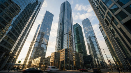 Modern business skyscrapers in the financial district of Frankfurt am Main, Germanyの素材