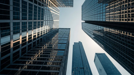 Bottom view of modern skyscrapers. Business concept for real estate and corporate constructionの素材