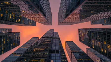 Modern skyscrapers at sunset in New York City, USA.の素材