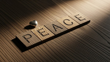 Conceptual image showing the word Peace spelled out with wooden blocksの素材