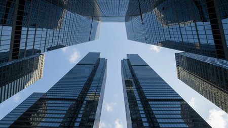 low angle view of modern skyscrapers in hongkongの素材