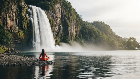Beautiful woman sitting in lotus pose in front of waterfall in the morningの素材