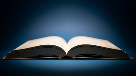 Opened book on a blue background. Shallow depth of field.の素材