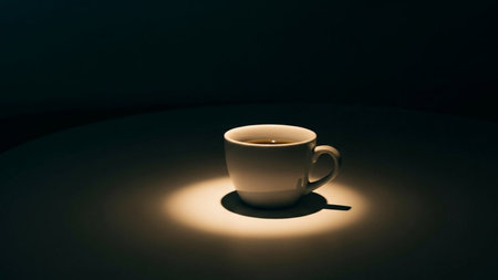 Coffee cup on the table in the dark room with lightの素材