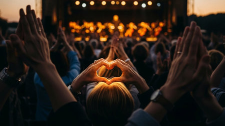 Crowd of people making a heart with their hands at a concertの素材