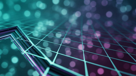 Abstract technology background. 3d render of grid with glowing particles.の素材