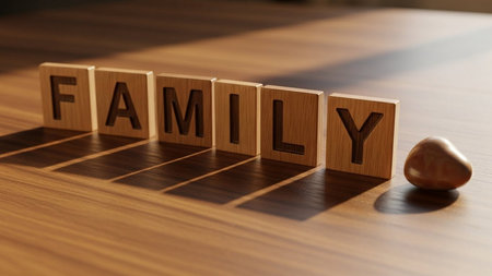 The word family is written on wooden cubes. The concept of family.の素材