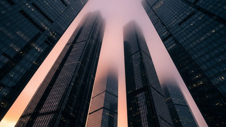 low angle view of modern skyscrapers in business district at sunsetの素材