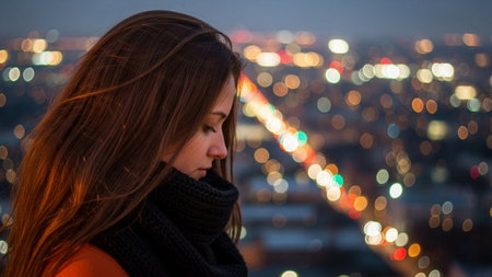 Portrait of a young woman looking at the city at night.の素材