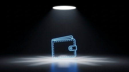 3D rendering of a neon wallet in a dark room with spotlightsの素材