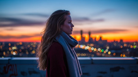 Young woman looking at New York City skyline at sunset, USA.の素材