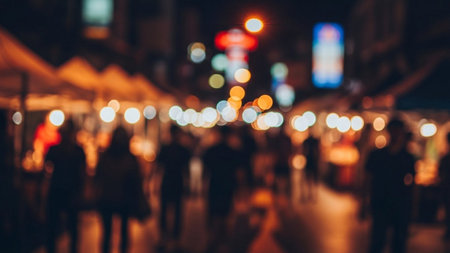 Blurred image of people walking in the city at night. Defocused background.の素材