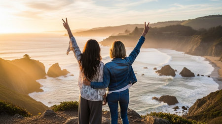 Two young women standing on the cliff and looking at the ocean.の素材