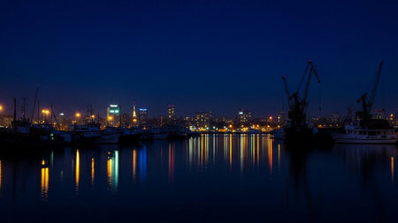 Night view of the port of Rotterdam, Holland, Netherlandsの素材
