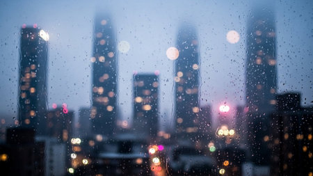 Blurred cityscape with raindrops on glass, bokeh backgroundの素材
