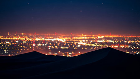 Silhouette of sand dune with cityscape at night.の素材