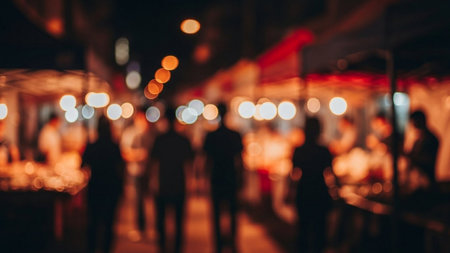 Blurred image of people walking in night market, bokeh background.の素材