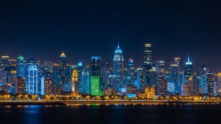 Chicago skyline at night with urban skyscrapers, Illinois, USAの素材