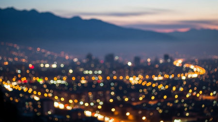 Blurred cityscape at sunset. Bokeh lights background.の素材