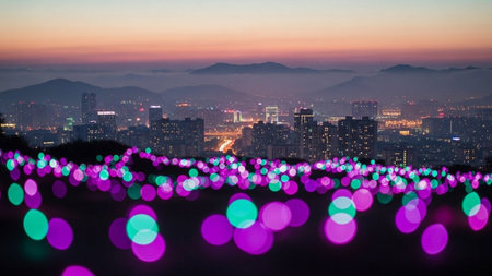 Cityscape of Seoul, South Korea at night with colorful bokehの素材