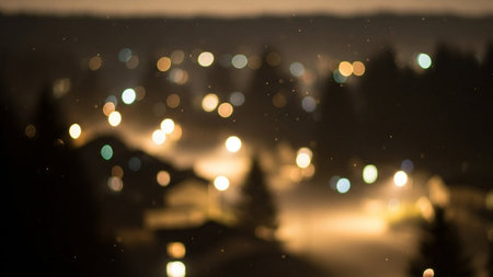 Defocused image of night city with bokeh lights in winter.の素材