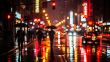 Blurred background of people walking on a wet street at night.の素材