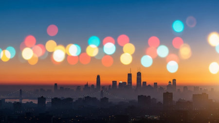Cityscape at sunrise with colorful bokeh lights. Double exposureの素材