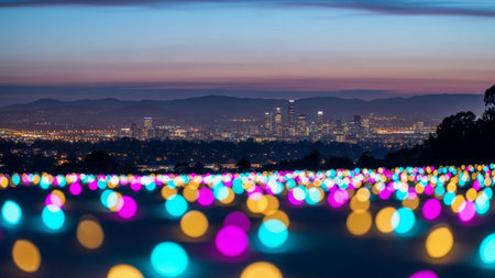 Night view of the city and the lake in the foreground with colorful lightsの素材