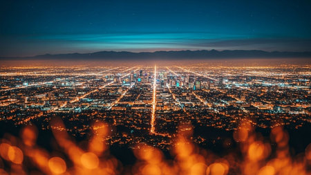 Aerial view of the Los Angeles skyline at night, California, USA.の素材