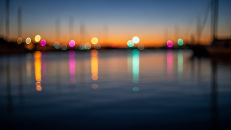 Beautiful bokeh lights in the harbor at sunset or sunriseの素材