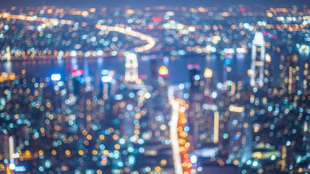 Abstract blurred bokeh Hong Kong city skyline at night for backgroundの素材