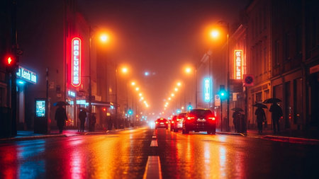 Cars on the street of the old city at night in the fogの素材
