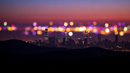 Hong Kong skyline at night with colorful bokeh of light.の素材