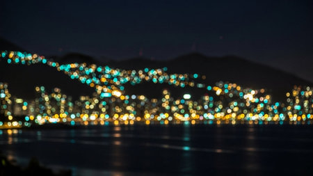 Abstract blur seaside city lights bokeh background, Hong Kongの素材