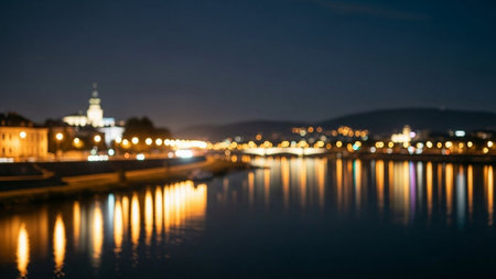 Abstract blurred background of night city with bokeh lights on the waterの素材